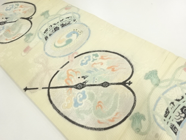 JAPANESE KIMONO / ANTIQUE MARU OBI / FOR SUMMER / SILK / GUNBAI FAN & DRAGON